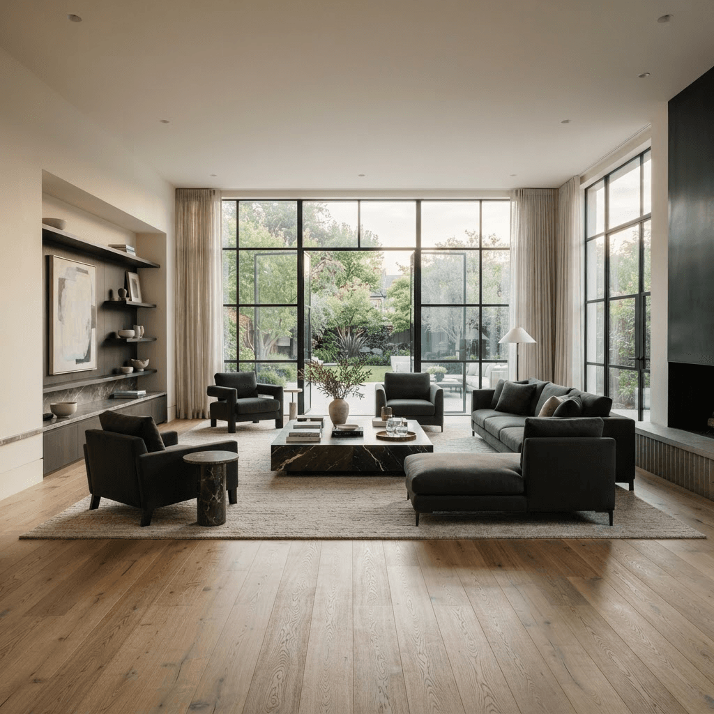 Wide plank flooring installed in a bright, finished living room